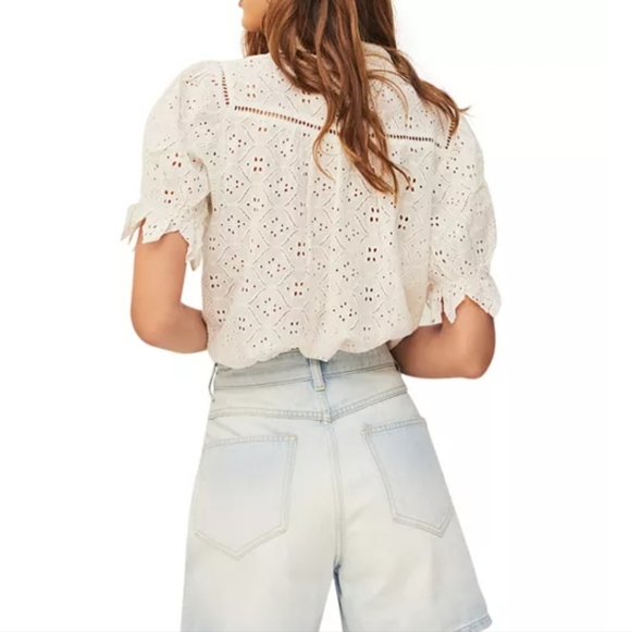 Ba&sh Birkin Cotton Eyelet Short Sleeve Blouse, M, Ecru/soft white, French chic - Picture 2 of 10